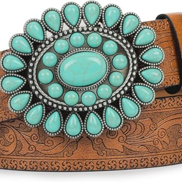 Boho Western Cowgirl Belt w/ Buckle Turquoise Oval‎ main image 5